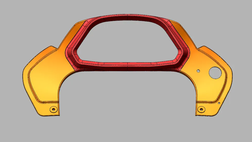 Capture d’écran du modèle 3D d’une pièce, en orange et rouge, avant impression