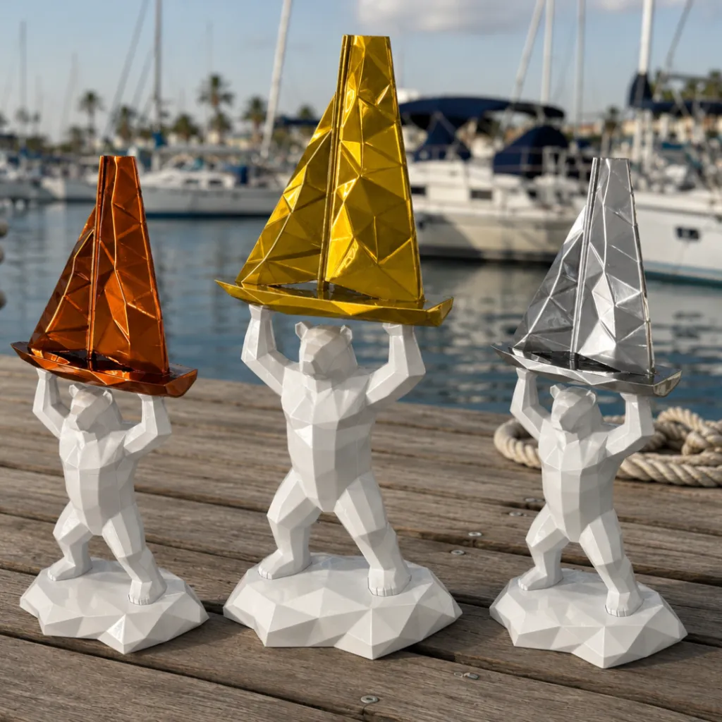 Trois trophées représentant un ours blanc à facettes soulevant un voilier, en finition bronze, or et argent, posés sur un ponton en bois